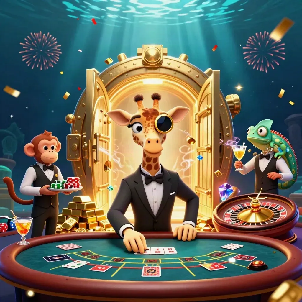 Drei Casino-Tiere im Luxusraum mit Gold, Juwelen und magischer Lichtshow.