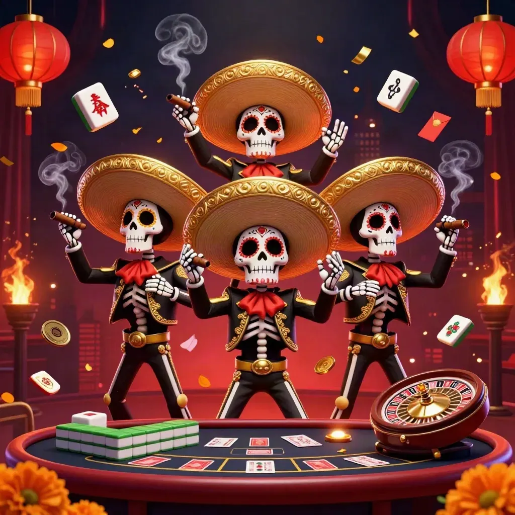 Day-of-the-Dead-Mariachis im goldenen Casino, mit Mahjongsteinen, Laternen und Roulette-Stimmung
