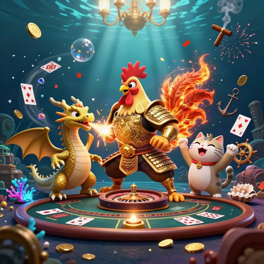 Goldener Samurai-Hahn, Drachenjunges und Glückskatze in einer luxuriösen Unterwasser-Casino-Szene.