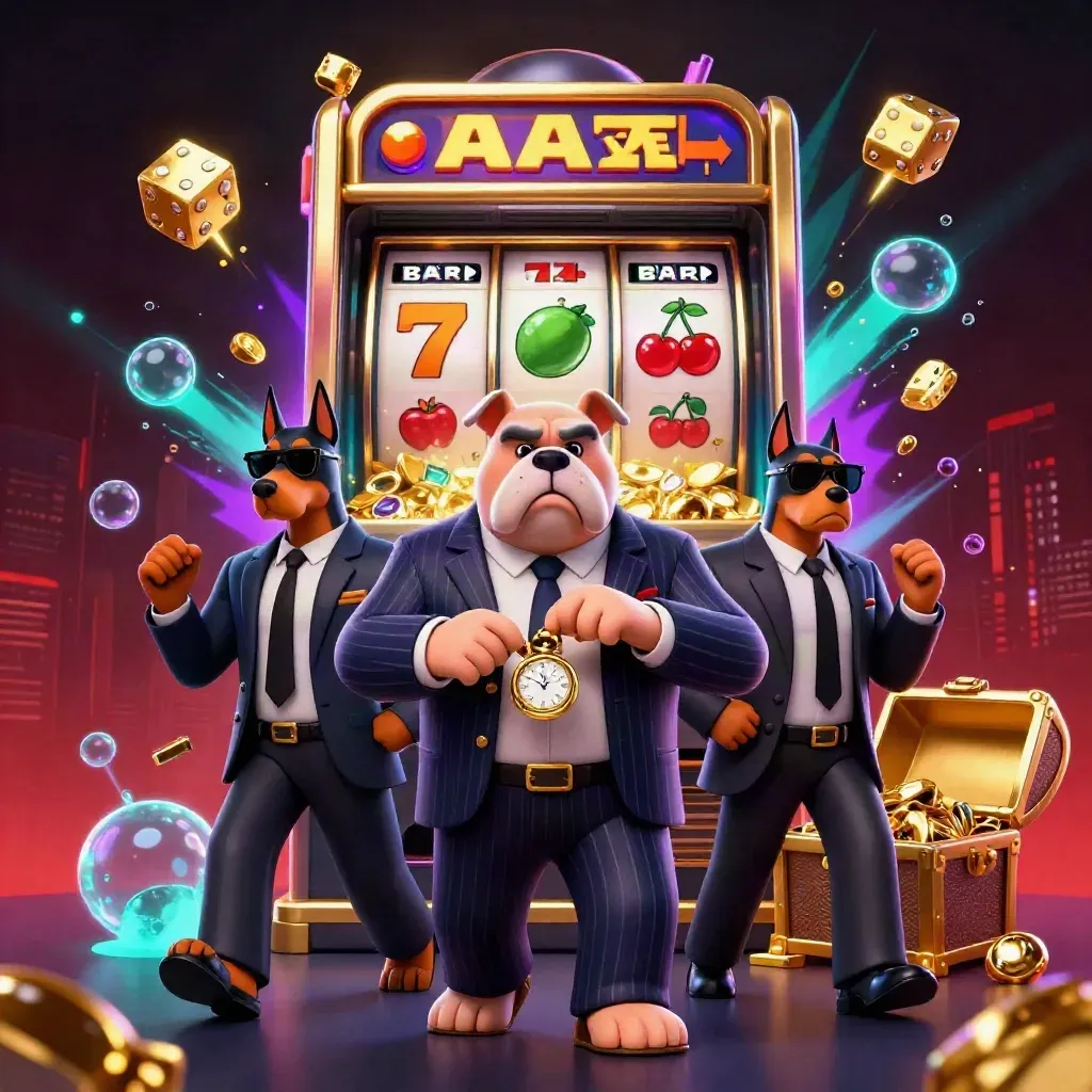 Bulldoggen-Boss mit zwei Dobermännern vor explodierendem Slot-Automaten und Goldschatz.