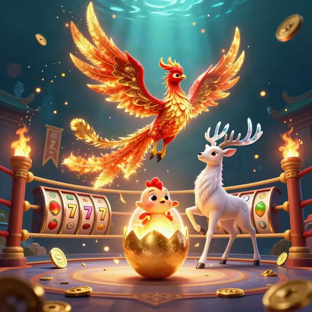 Goldener Phönix, Jungtier und Hirsch vor Tempeltor im Casino-Licht