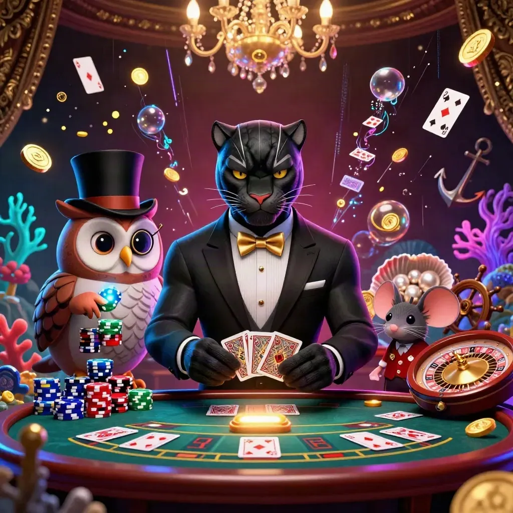 Panther, Eule und Maus feiern im Goldrausch mit Karten, Chips und Casino-Elementen.