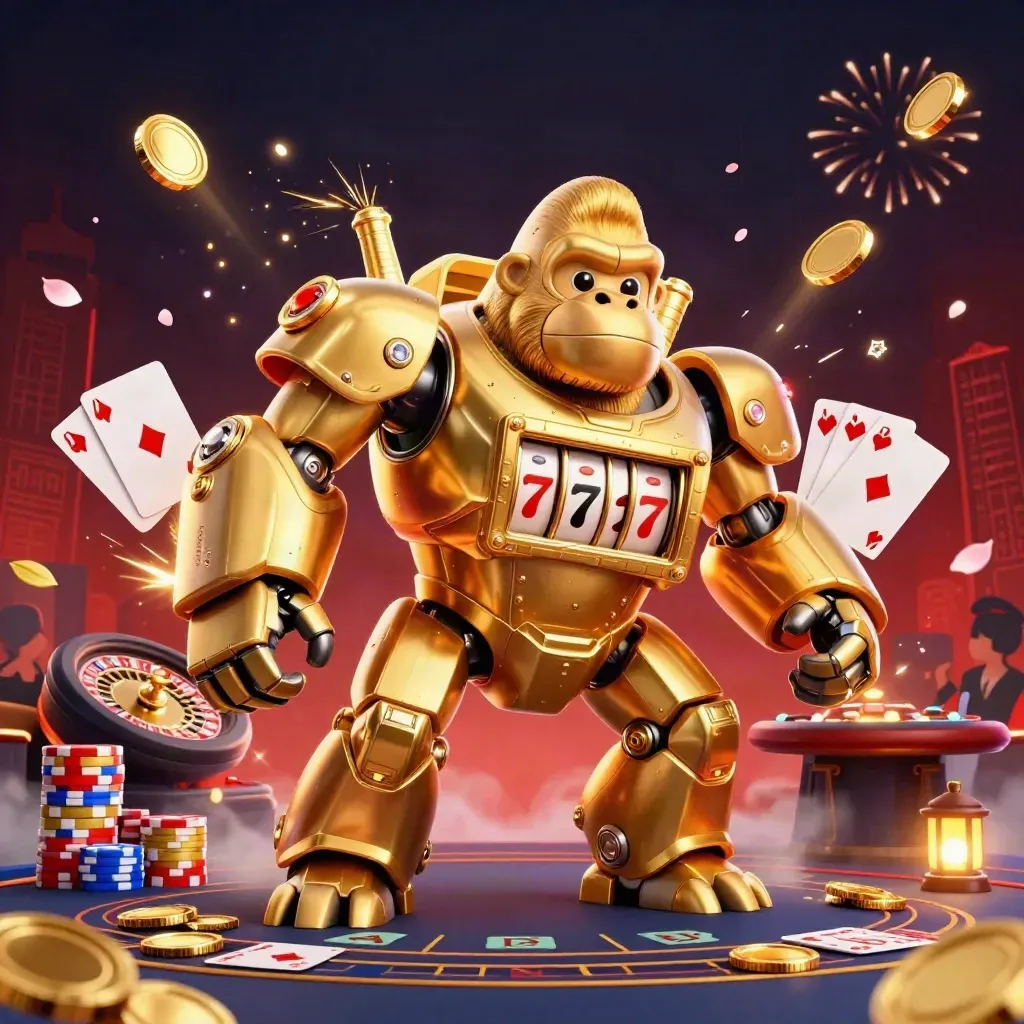 Goldener Gorilla-Mech mit Affenpilot, Münzregen, Roulette und Karten vor dunklem Luxus-Himmel.