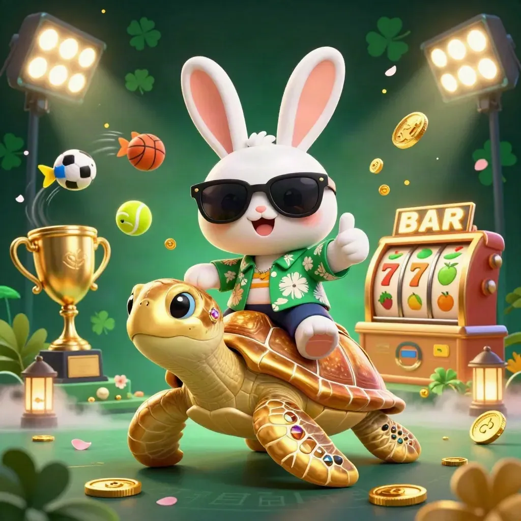 Hase auf goldener Meeresschildkröte mit Spielsymbolen, Coins und dunklem Luxusglanz