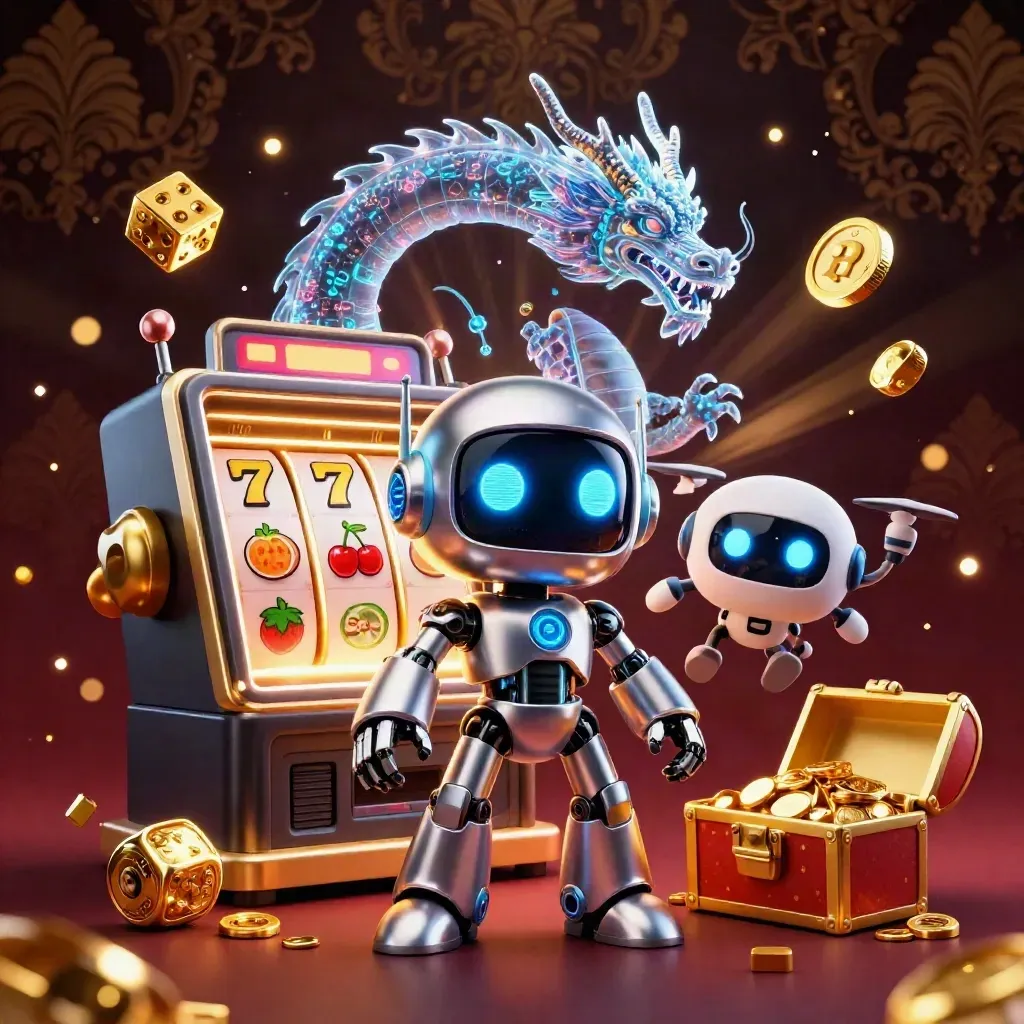 Cyberpunk-Roboter, Holo-Drache und Coin-Drohne vor goldener Slot-Explosion